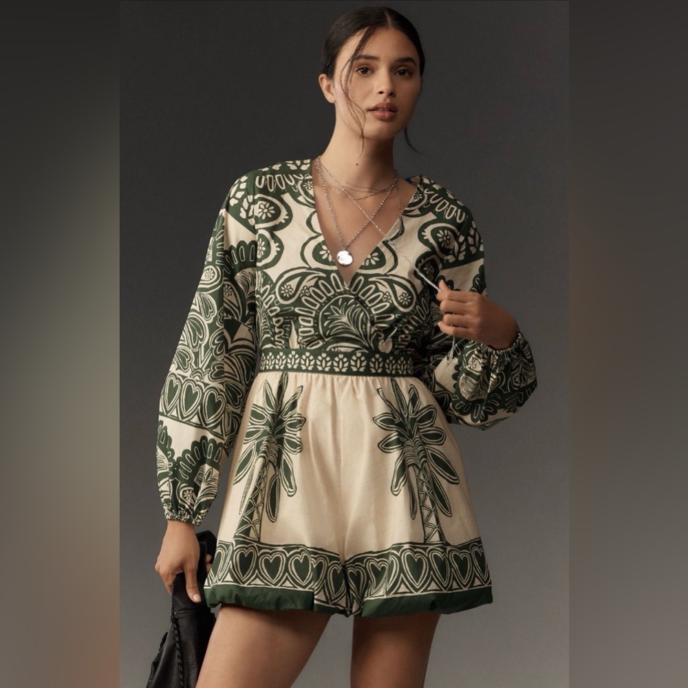 FARM Rio Long-Sleeve V-Neck Printed Romper | Puff Sleeve | Back Zip | Tropical - Picture 3 of 7